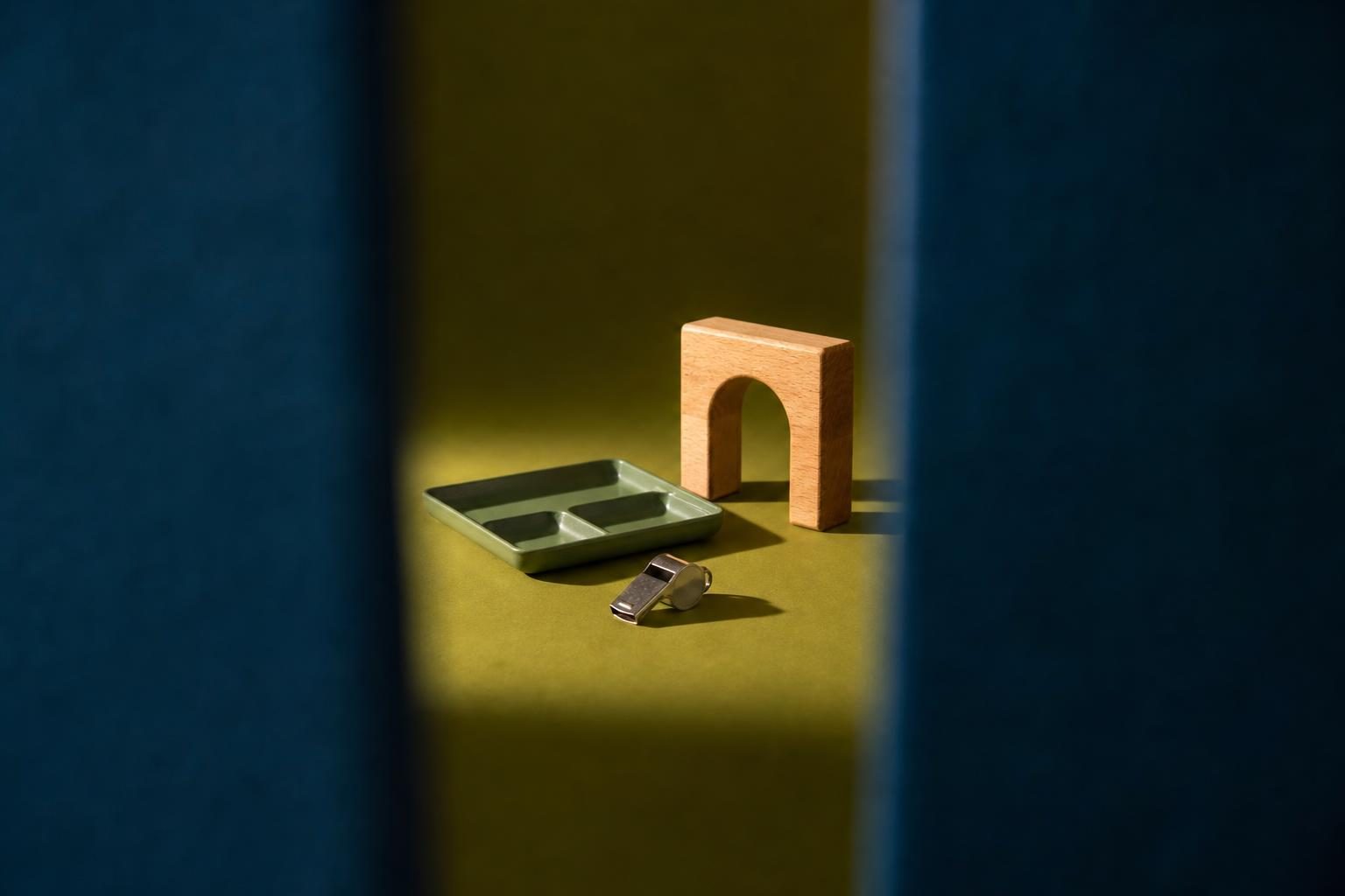 Through a dark narrow gap, a lunch tray, whistle, and wooden arch sit lit on a plain backdrop.