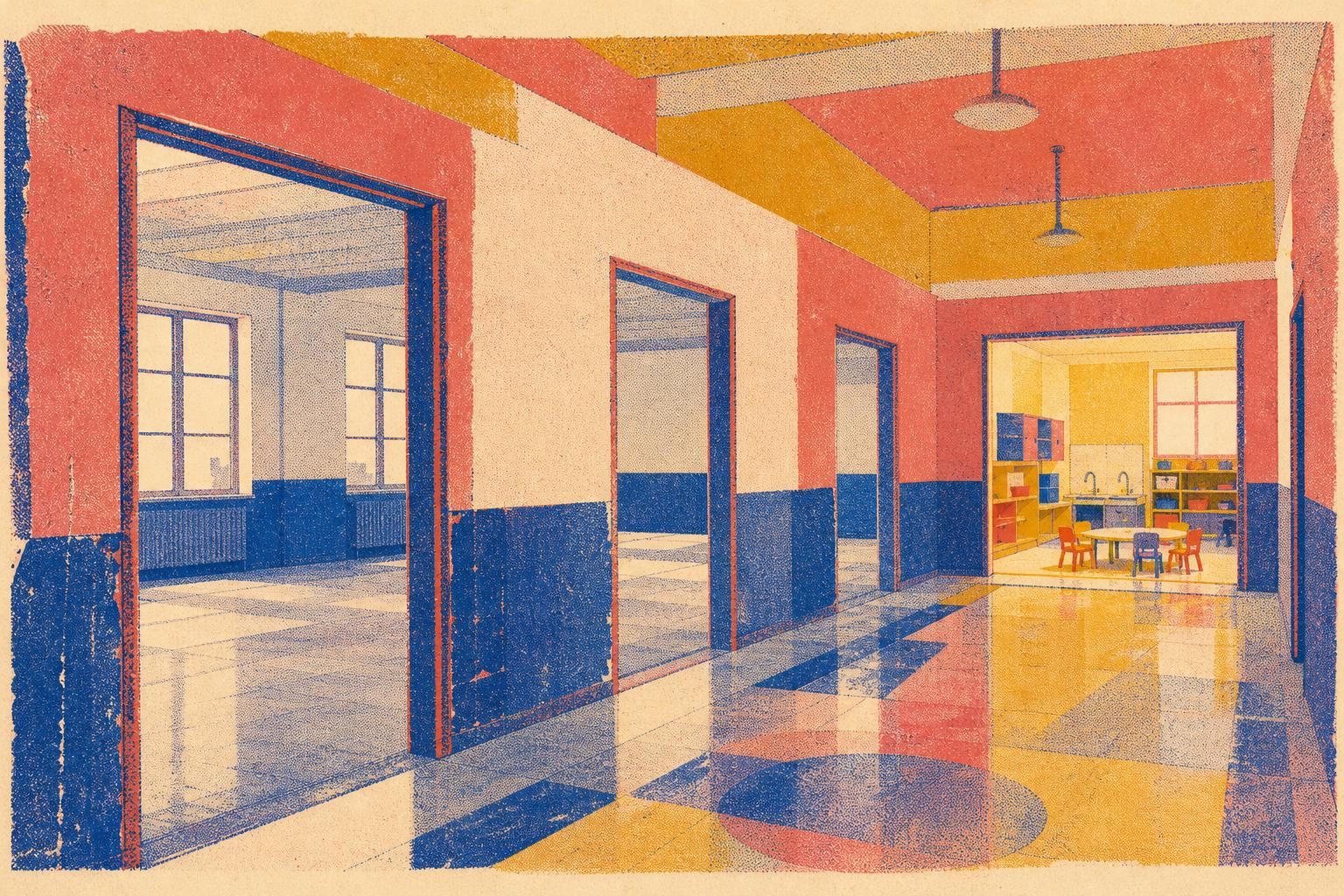 A risograph-style wide view of empty school rooms, with one distant classroom converted into a bright early-learning space.