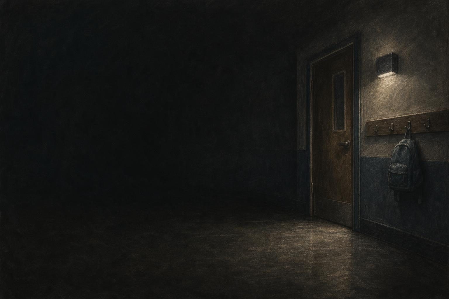 A chalk-and-pastel school hallway corner shows a closed door and backpack pushed to the lower right, with empty shadow filling most of the frame.