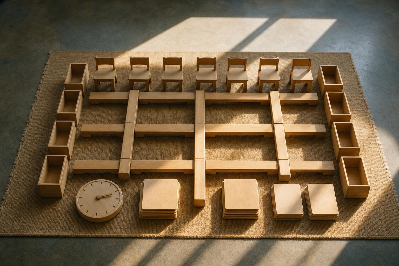 An overhead film photograph shows blocks, small chairs, bins, and blank cards arranged in an orderly bridge-like pattern on a classroom mat.