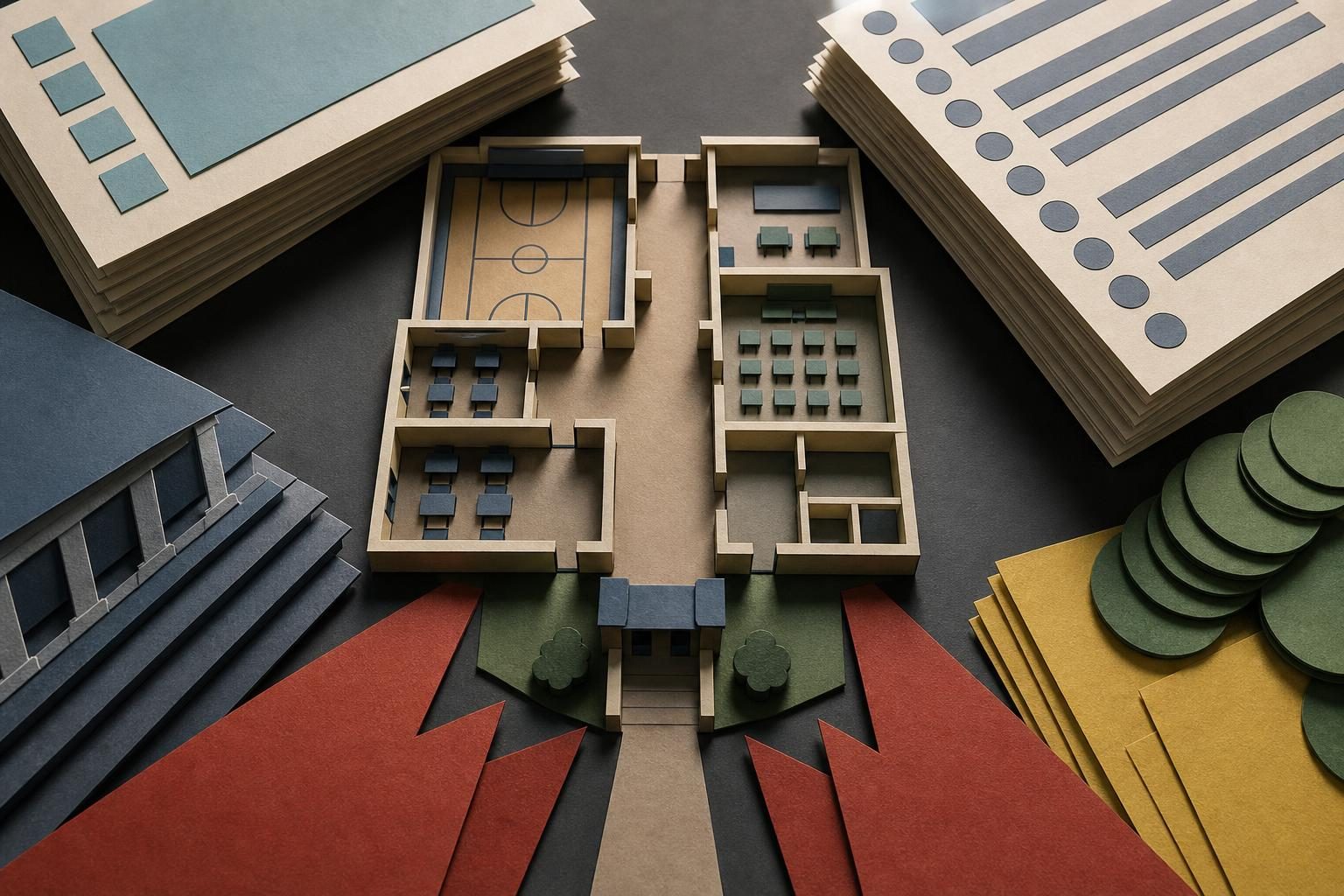 A cut-paper school floor plan is surrounded by abstract policy shapes pressing inward from the edges.