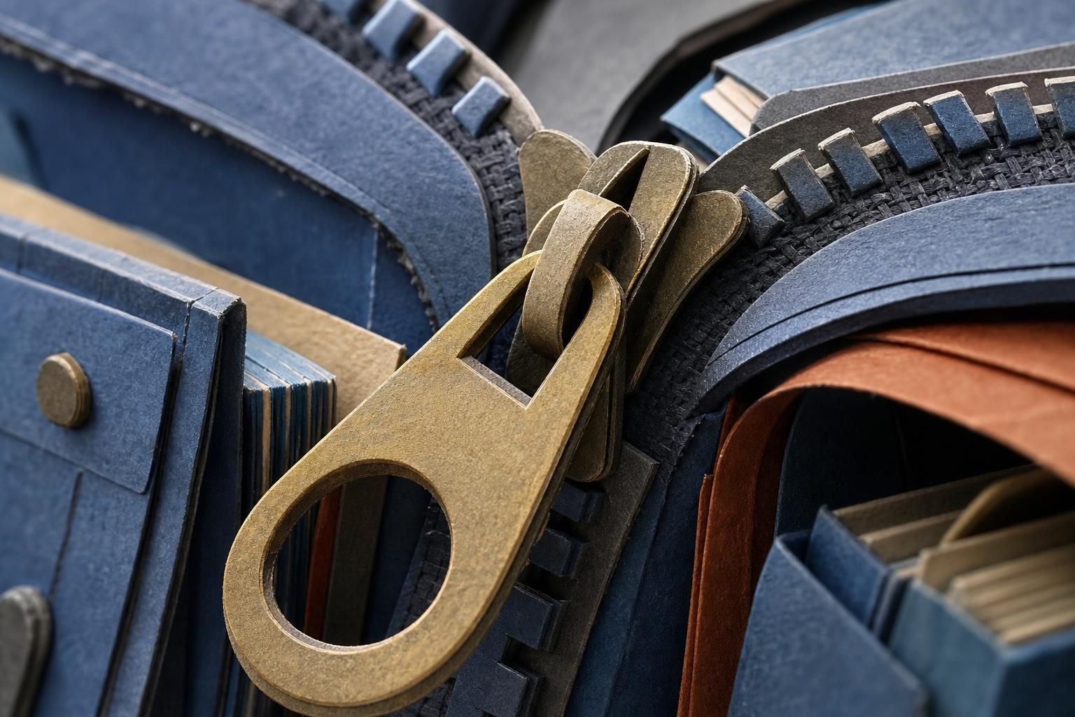 An extreme close-up isometric illustration shows a strained backpack zipper pull and fabric teeth in muted colors.