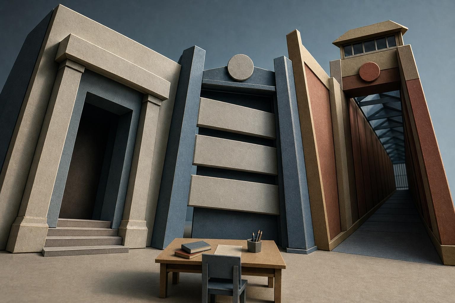 A tiny homeschool table sits below three towering blank institutional structures in a muted isometric diorama.