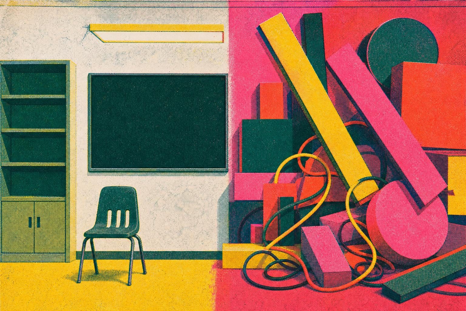 A risograph-style classroom wall is split between a sparse teaching area and abstract pressure shapes pushing in from the other side.