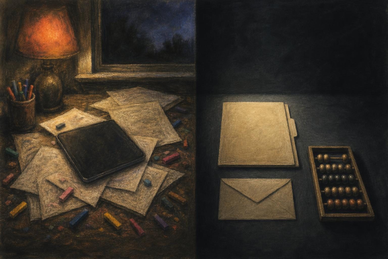 A chalk-and-pastel scene split between a cluttered homeschool work area and a pared-down, orderly one.