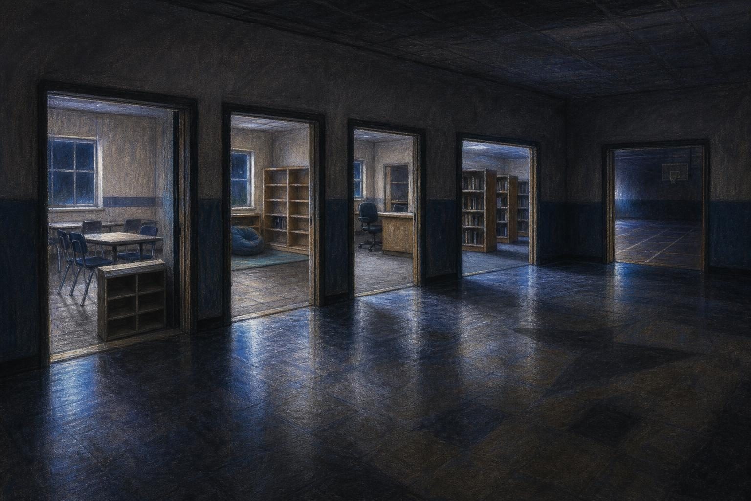 A chalk pastel school room opens onto five empty doorways, each leading to a different shadowed school space.
