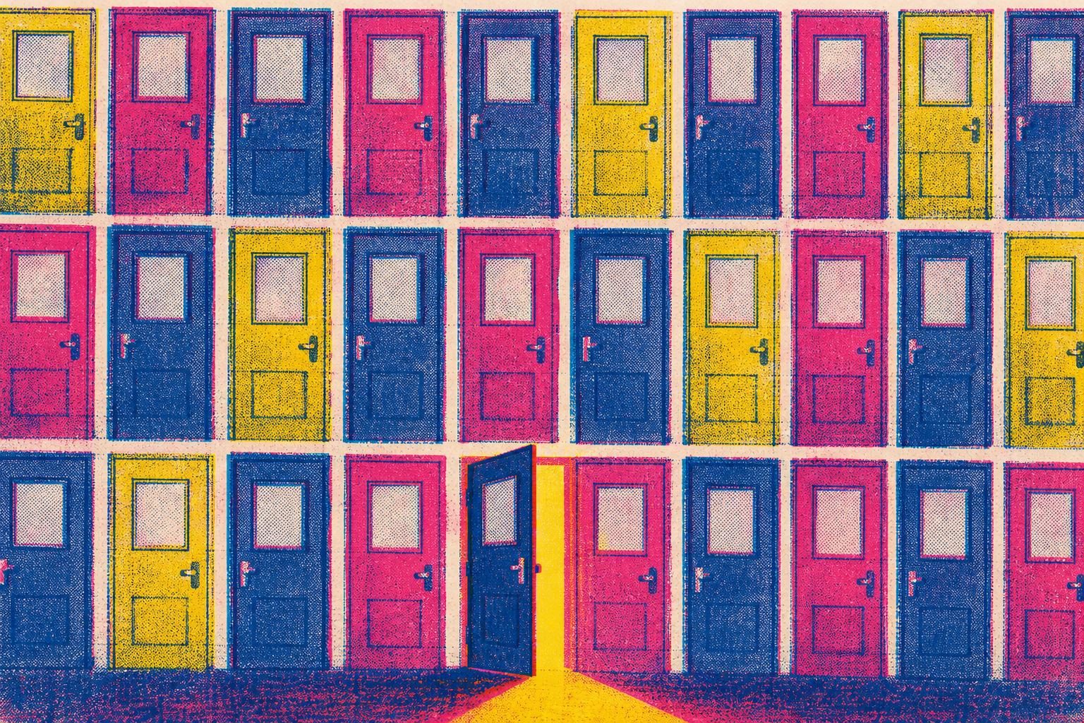 Rows of identical school doors fill the frame, with one door slightly open and casting a bright wedge of light.