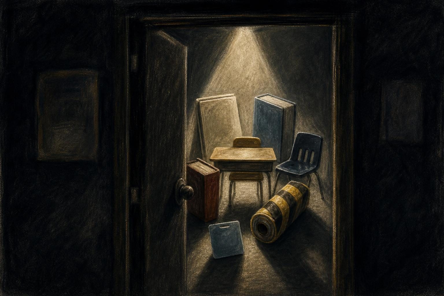 Through a dark doorway, a small lit student desk holds six blank school objects casting long shadows.