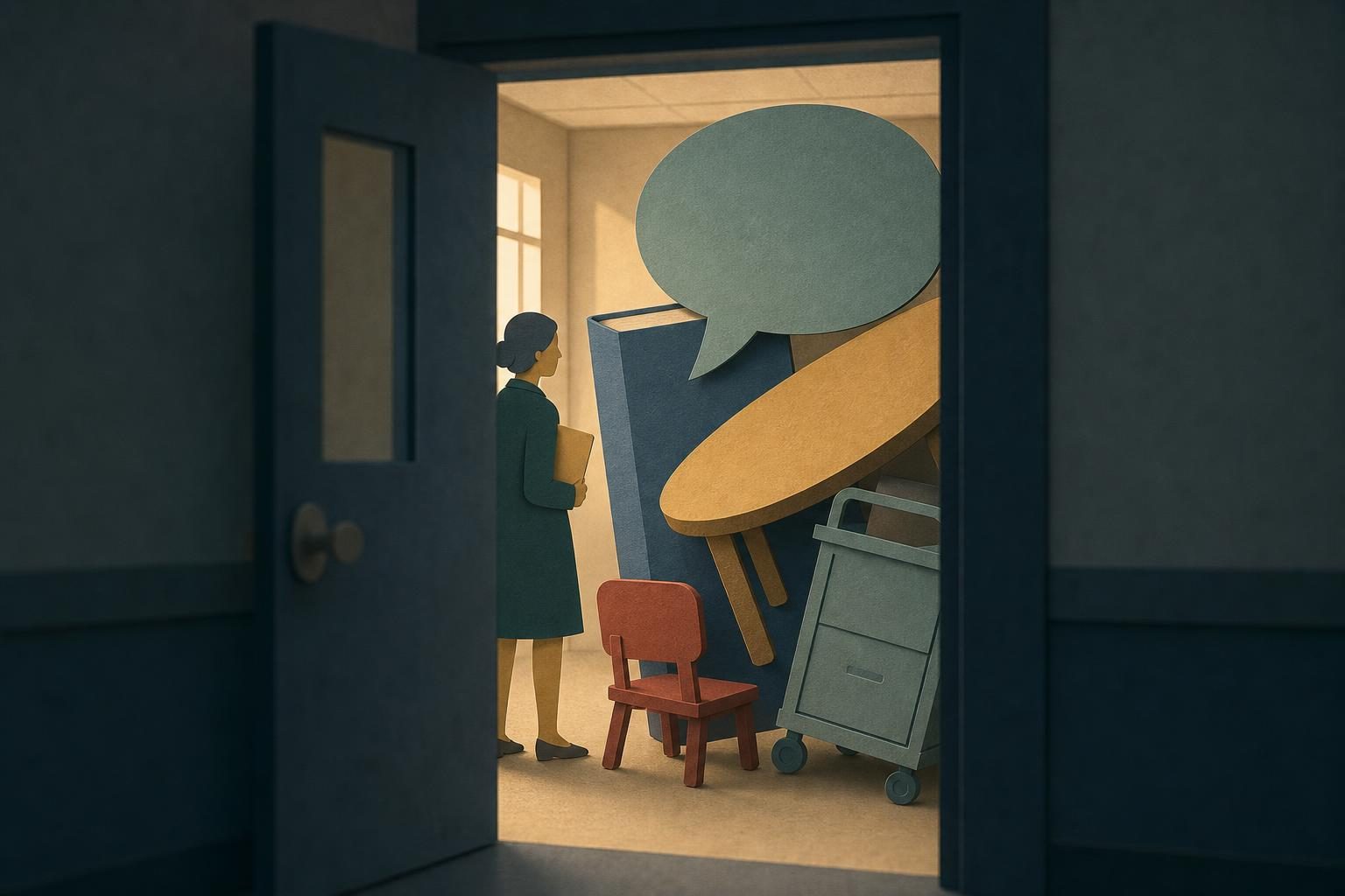 Through a dark classroom doorway, a small teacher faces abstract policy shapes pressing toward the room.