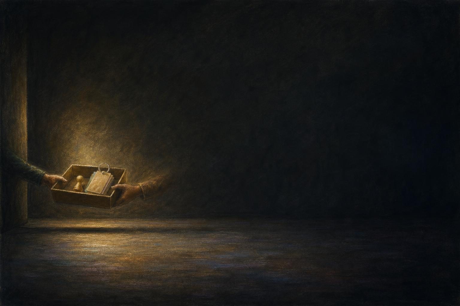 A tiny exchange of a box of blank tools sits under a vast dark wall in chalky pastel light.