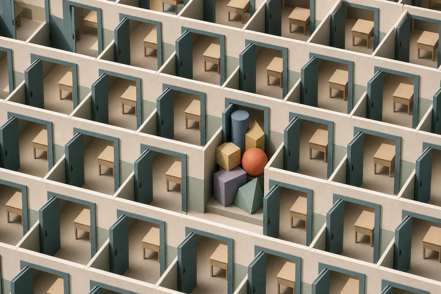 Rows of identical classroom doorways fill the frame, with one doorway blocked by a pile of abstract geometric objects.