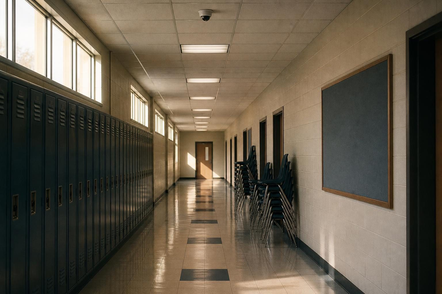 An empty school hallway leads toward a closed classroom door, with stacked chairs and a ceiling camera visible.