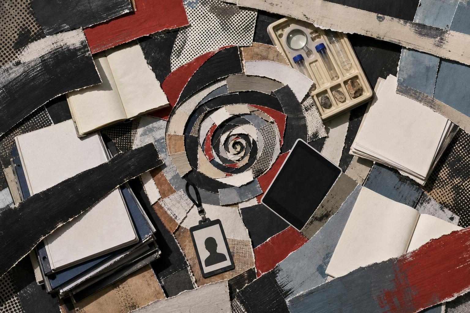 Overhead collage of blank classroom materials and tools caught in a tightening spiral of painted bands and torn paper.