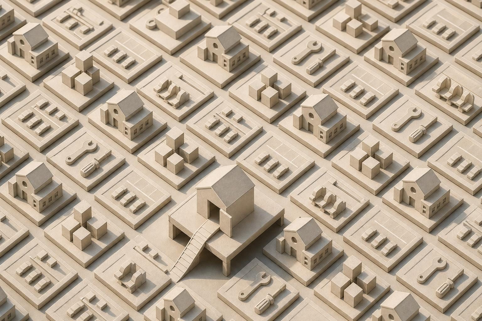 A patterned field of small blank support tiles has one tile raised into a usable platform with a ramp and doorway.