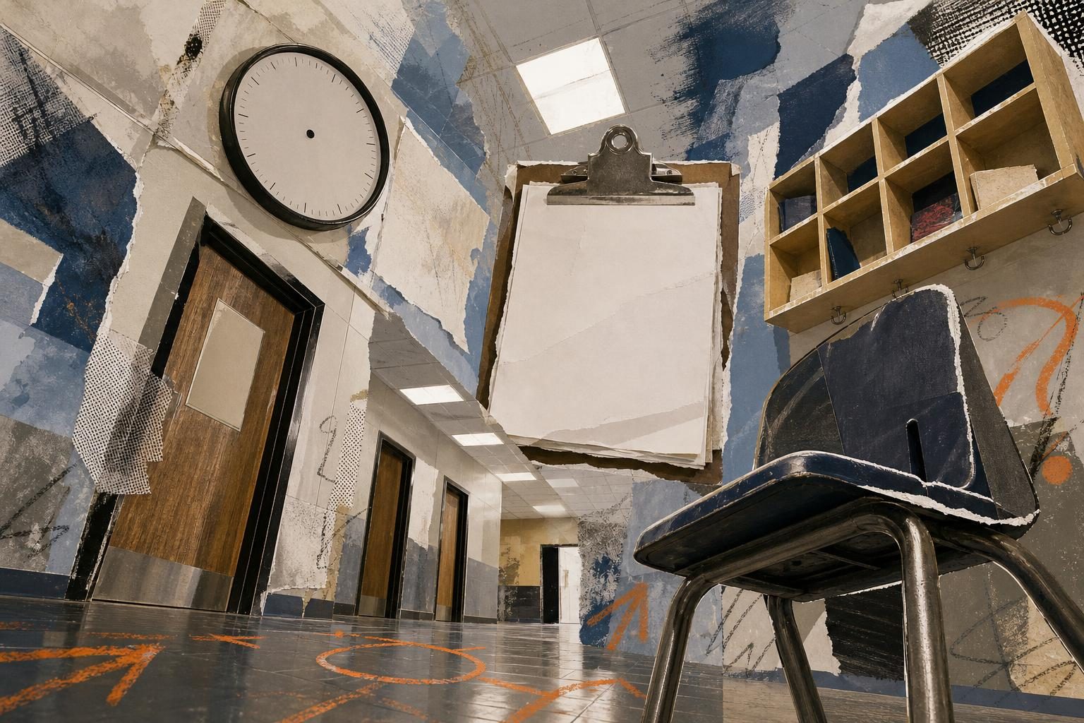 A low-angle collage shows blank school office doors, an oversized chair, clipboard, clock, and cubby towering in a hallway.