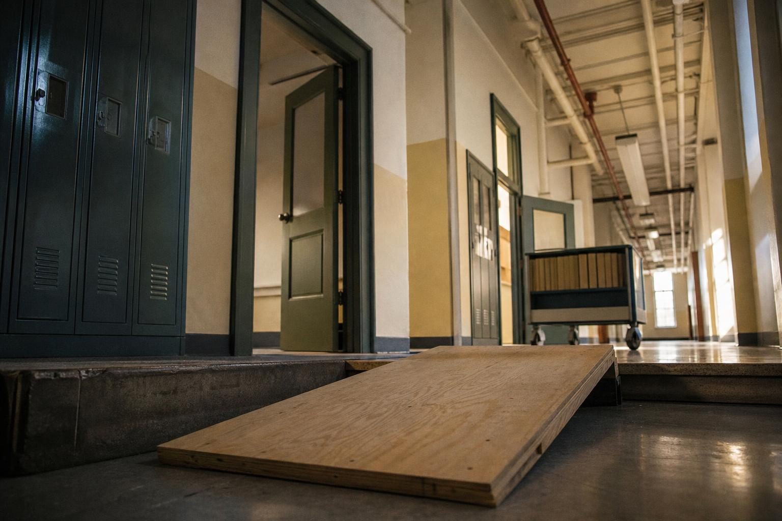 A low-angle film photograph shows an empty school hallway with a small wooden ramp bridging a step between open classrooms.