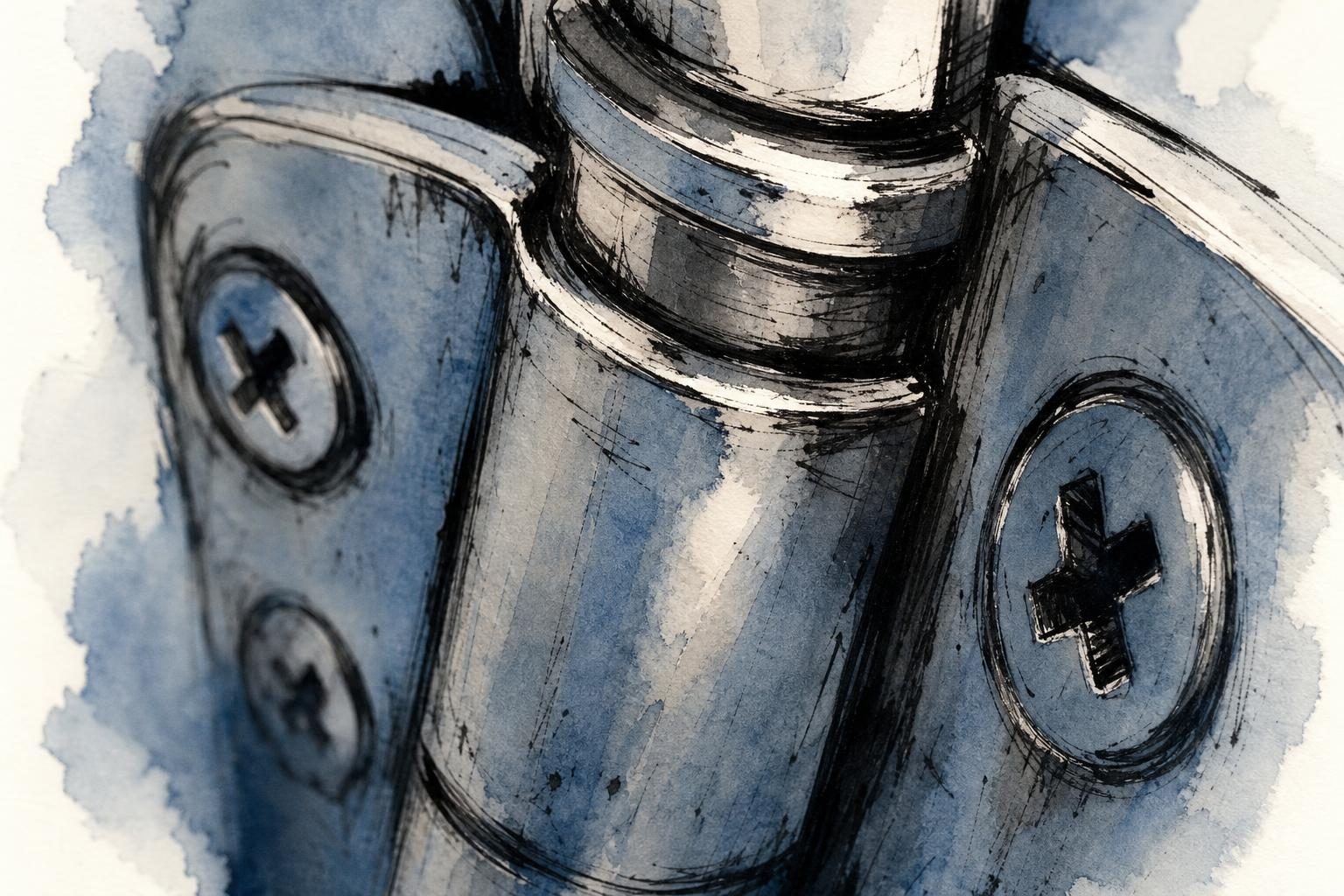 A close ink-and-wash view of a strained classroom door hinge, cropped so tightly it becomes almost abstract.