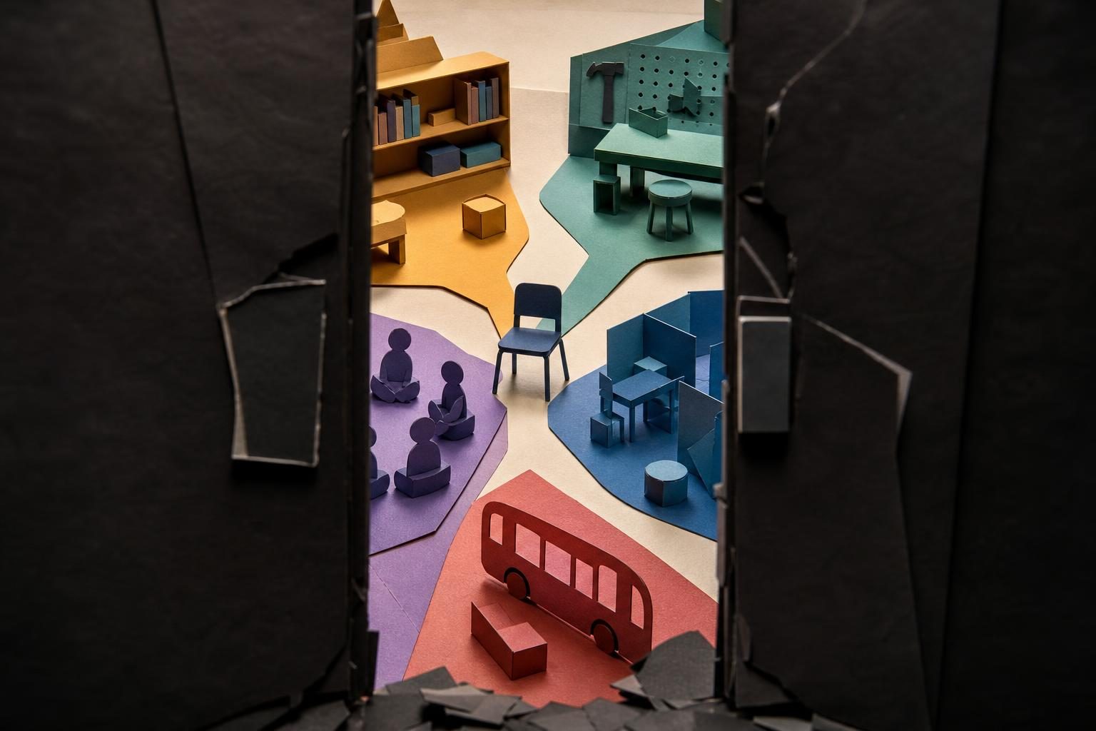 A cut-paper doorway frames five small lit pathways converging around an empty student chair.