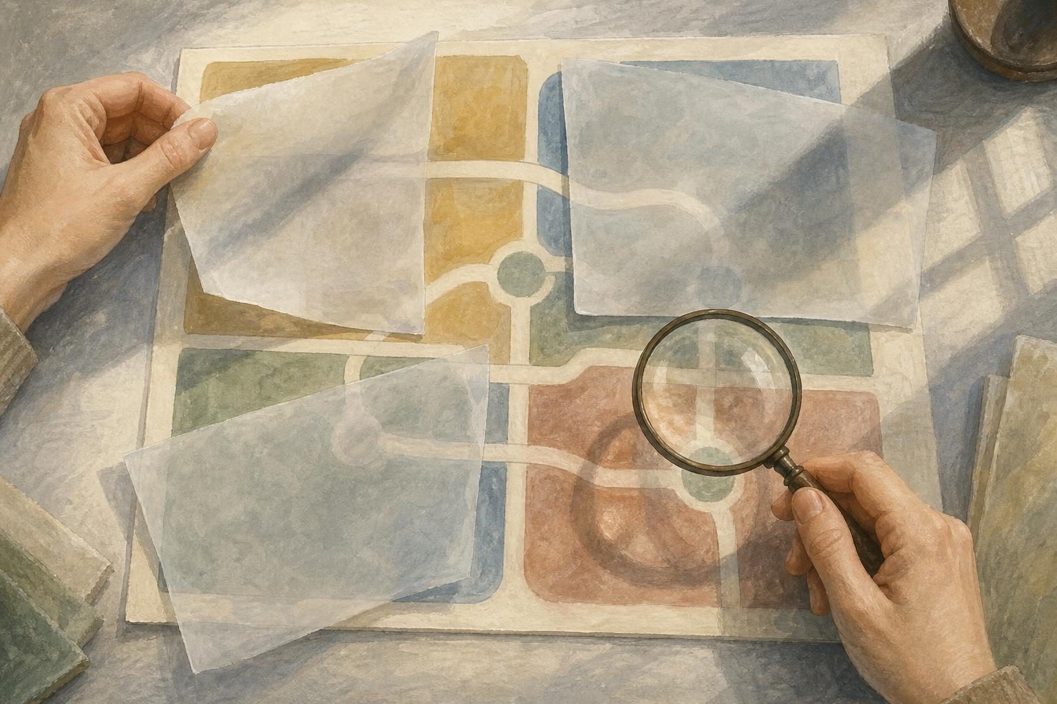 Overhead gouache view of hands checking blank translucent flaps over a simple colored planning board.