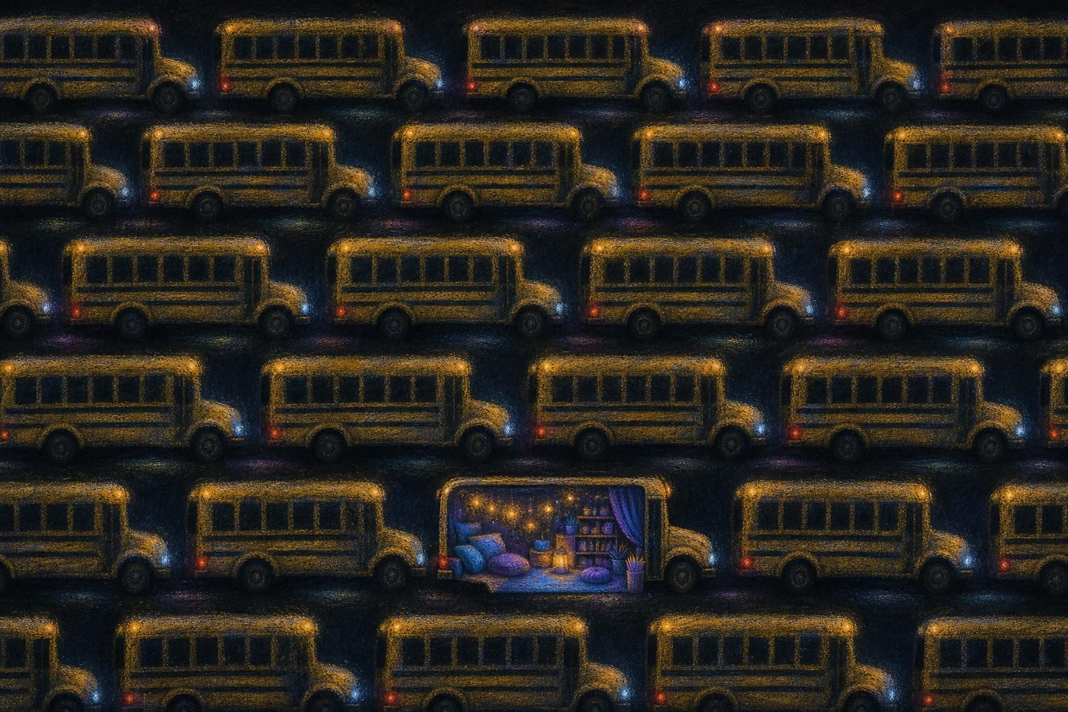 Rows of dark school buses fill the frame, with one glowing softly inside in blue, violet, and gold chalk.