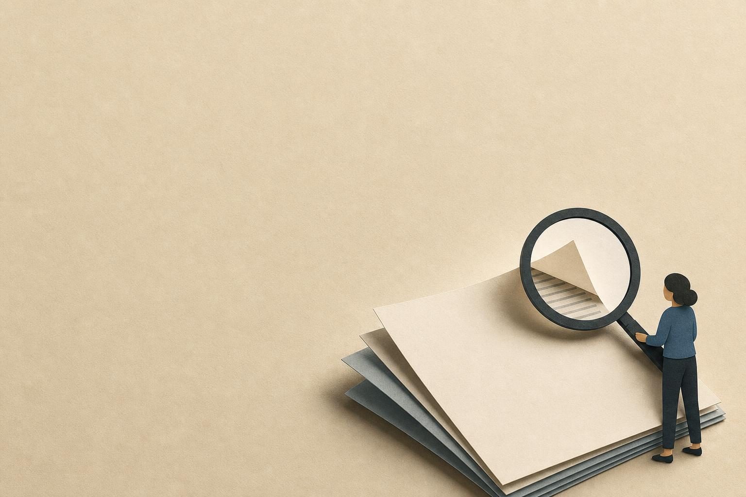 A faceless figure examines blank papers with a magnifying glass in the lower right of a mostly empty cream frame.