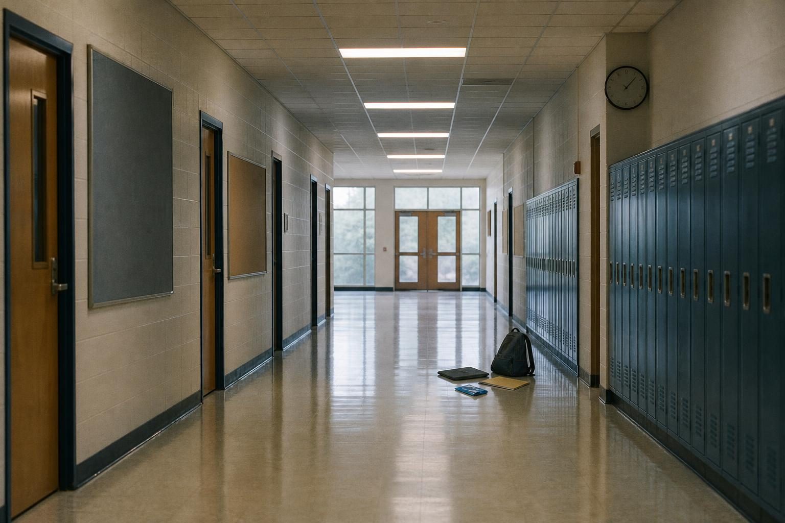 An empty school hallway stretches past closed doors and lockers, with a few back-to-school items left near the far entrance.