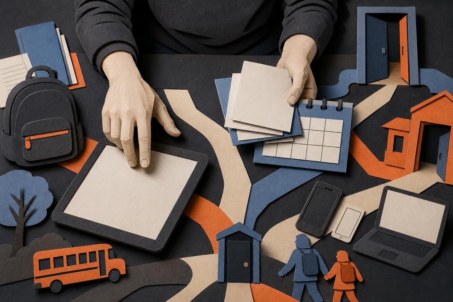 Cut-paper hands reach between a blank tablet, application cards, and abstract school paths under sharp angled light.