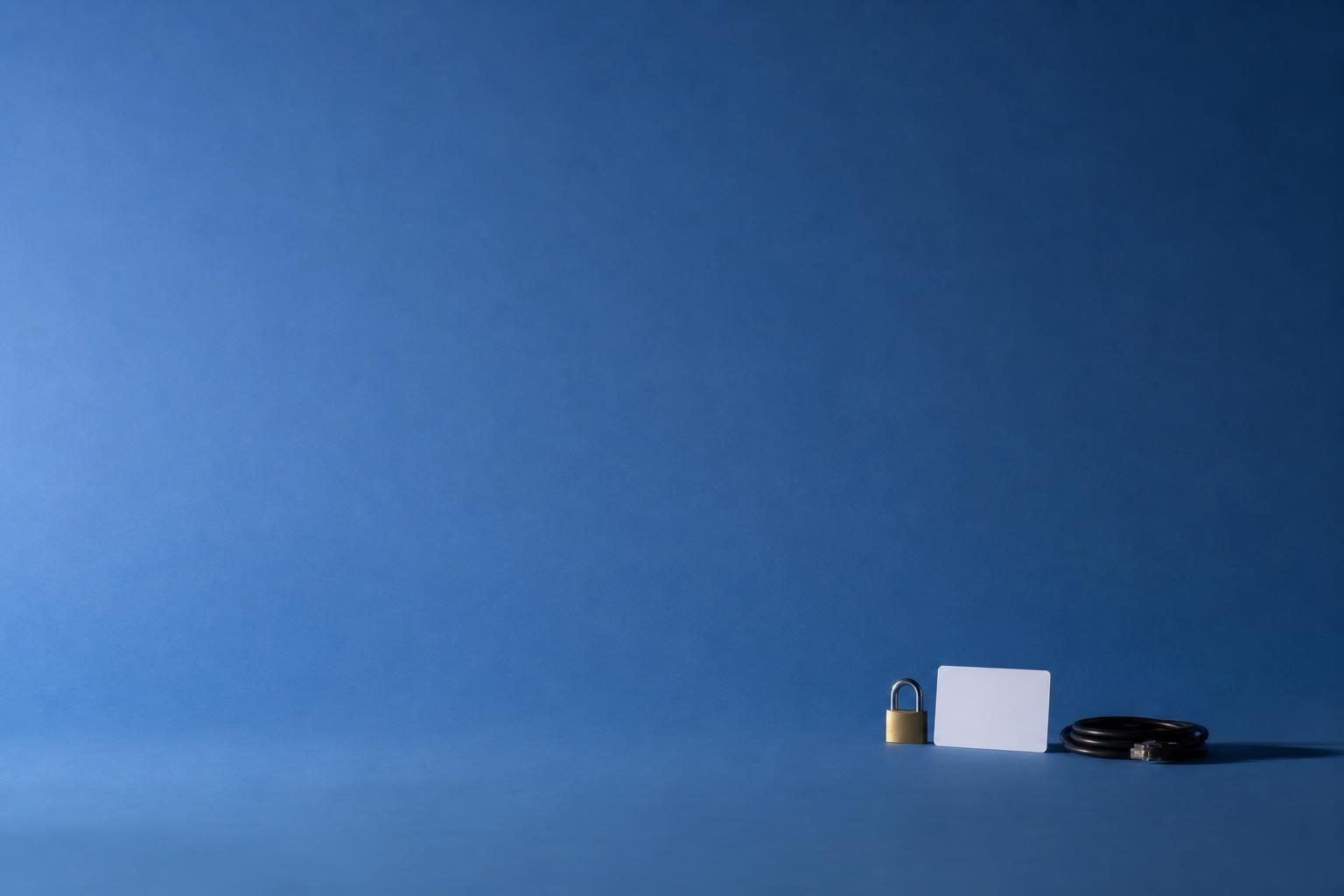 A padlock, blank access card, and coiled cable sit small near one edge on a vast blue backdrop.