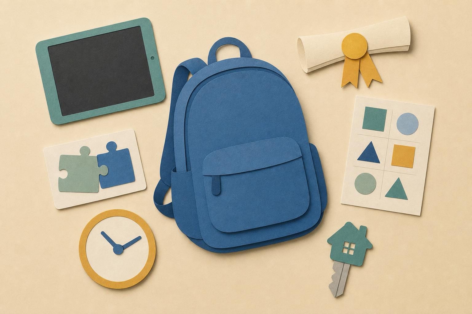 Overhead paper-cut illustration of a backpack encircled by six school-related objects on a flat background.