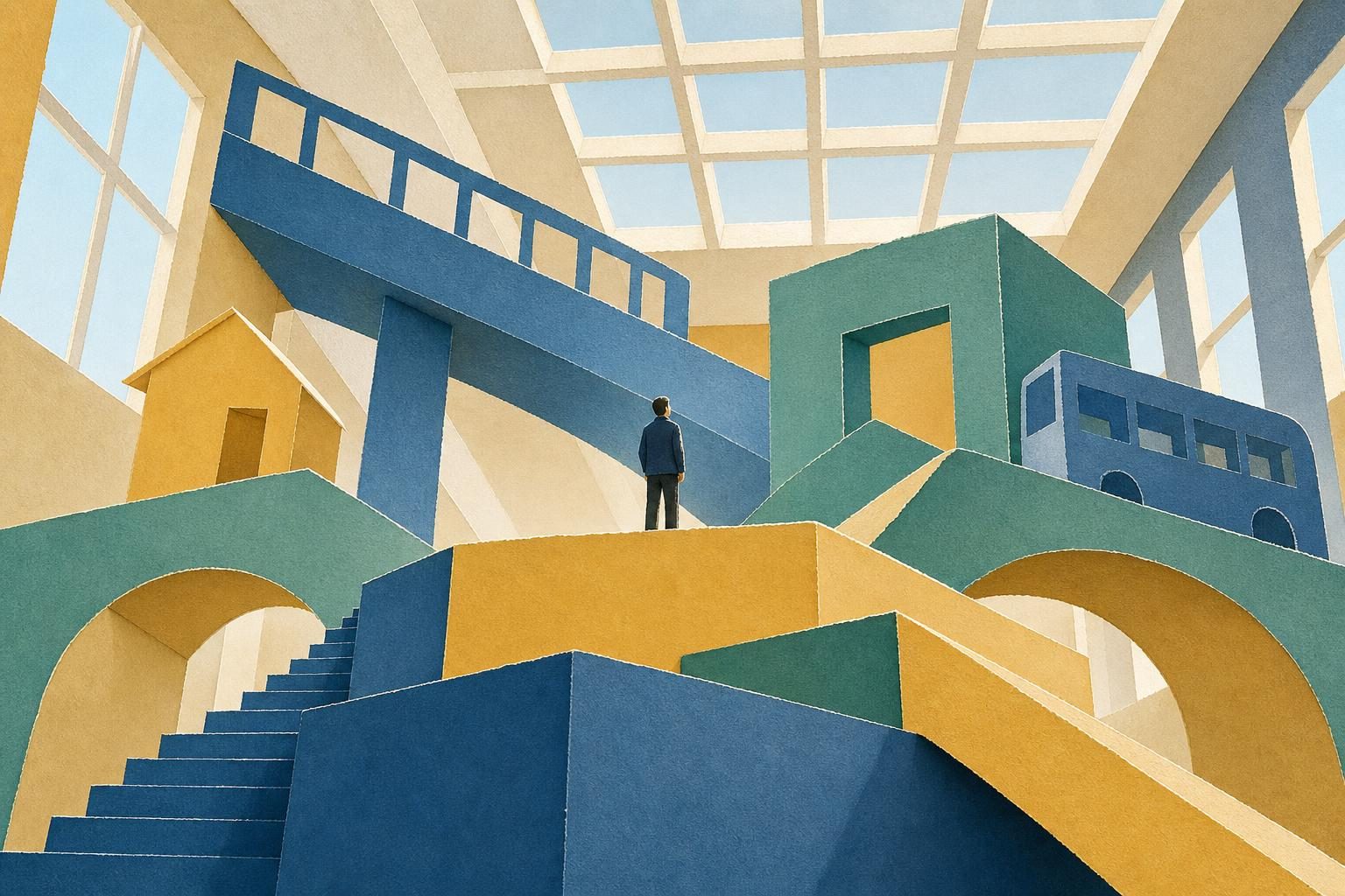 A low-angle vector scene shows a small adult figure beneath towering connected supports, ramps, a house shape, and a bus form.