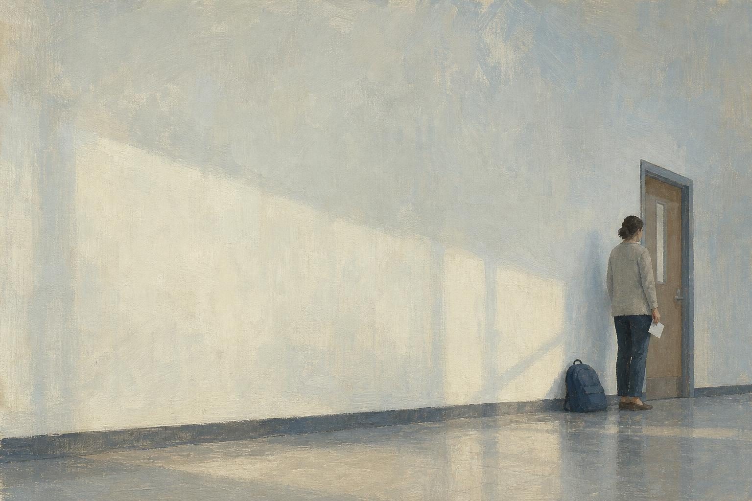 A tiny parent stands near a closed classroom door beneath a vast blank school hallway wall.
