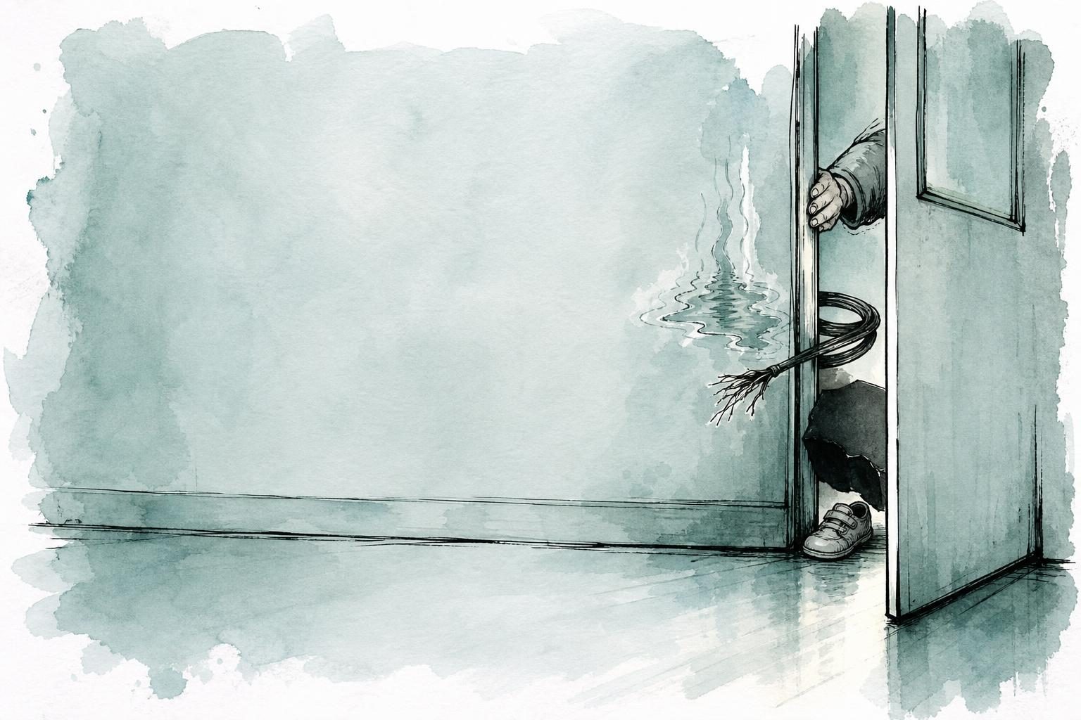 A sketched classroom door sits in one corner as abstract objects press toward it across a mostly empty hallway.