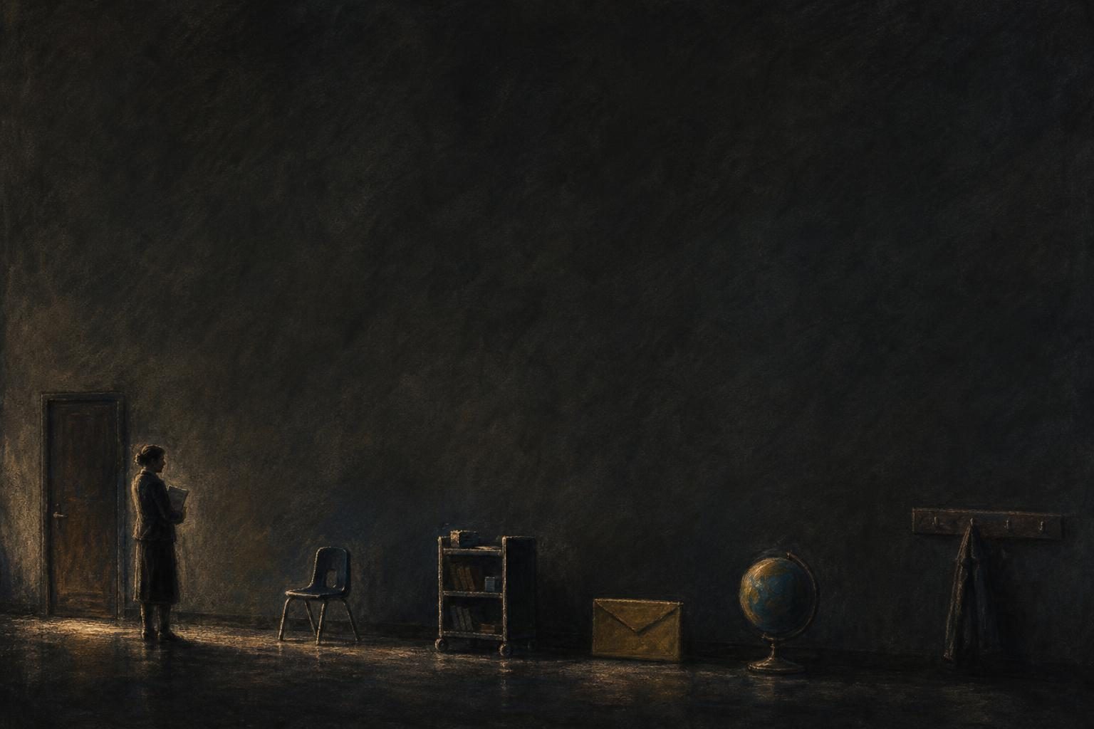 A tiny teacher stands in a dark, wide hallway as several indistinct school objects cast long shadows nearby.