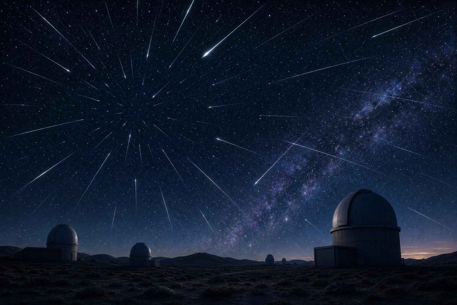 A night sky filled with many meteor streaks, most pointing toward the same area.