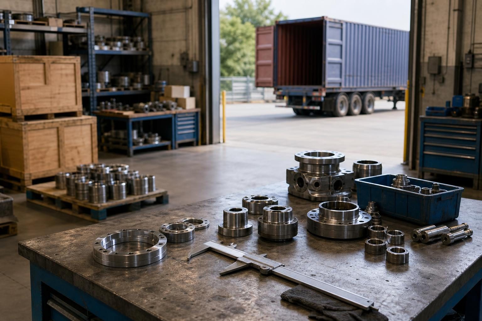 A factory workbench with tools, parts, crates, and a cargo container suggests manufacturing connected to global trade.