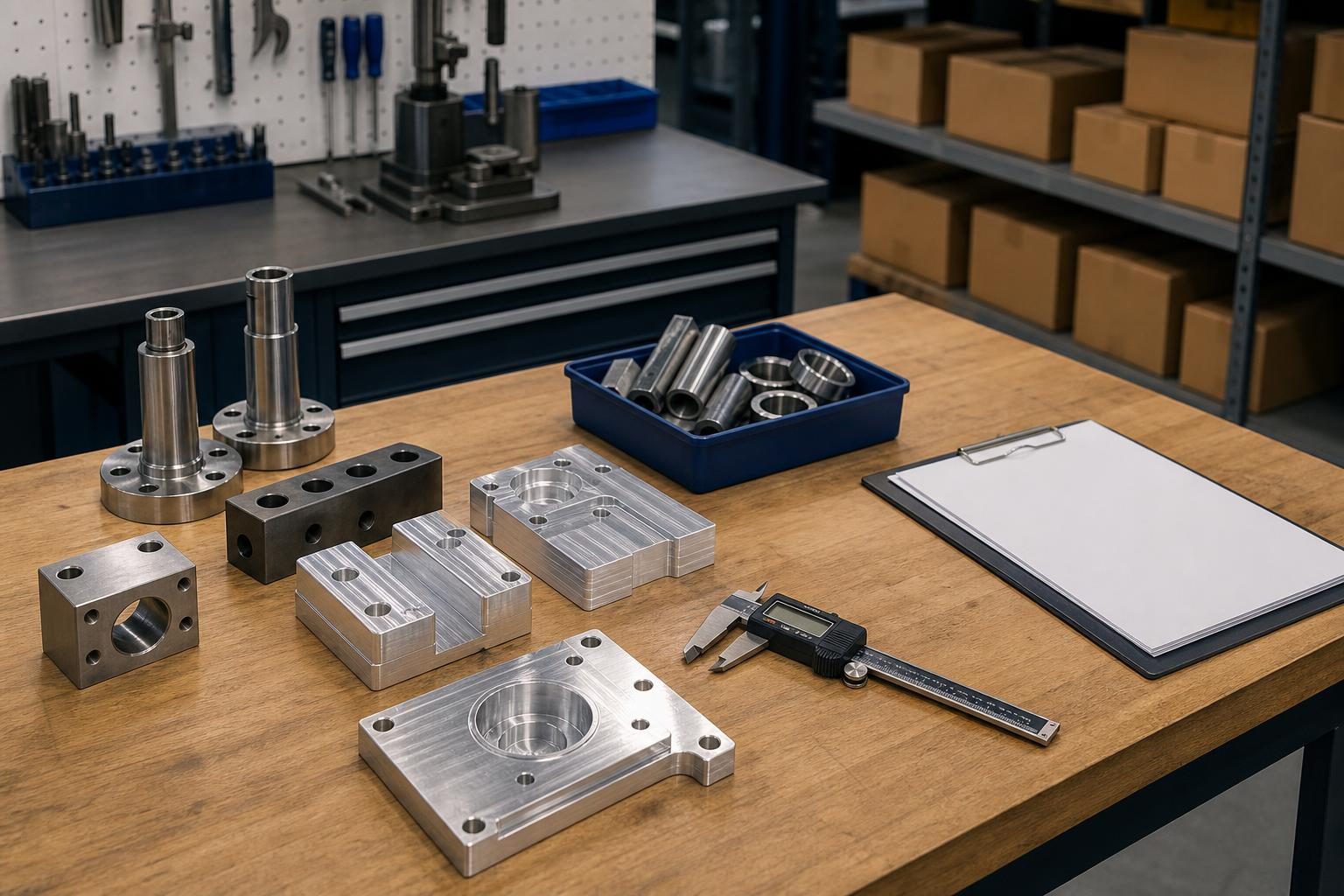 A manufacturing bench with metal parts, measuring tools, paperwork, and packed boxes suggests trade and supply-chain work.
