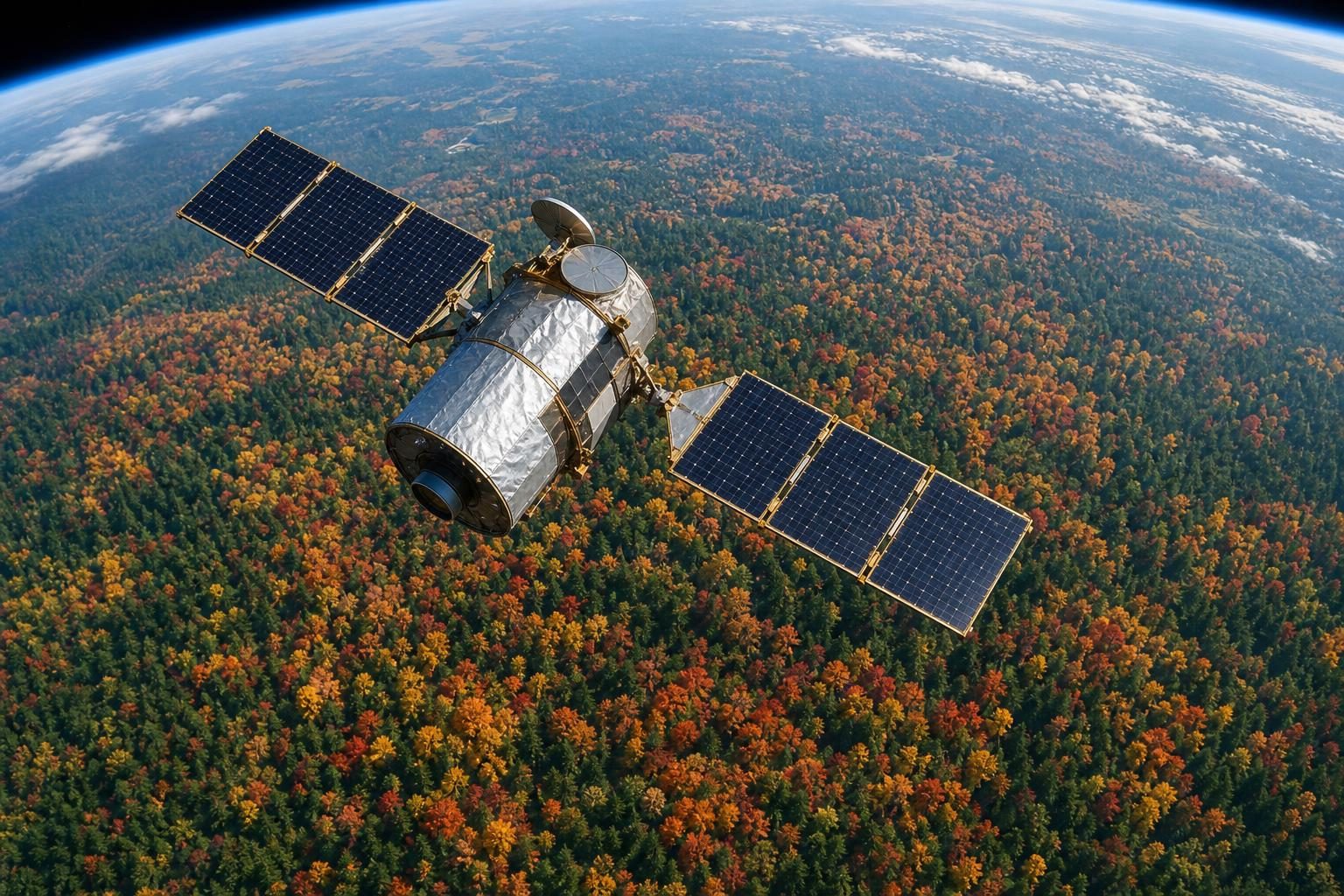 Un satélite pasa sobre un bosque colorido de otoño con árboles verdes, amarillos, anaranjados y rojos.