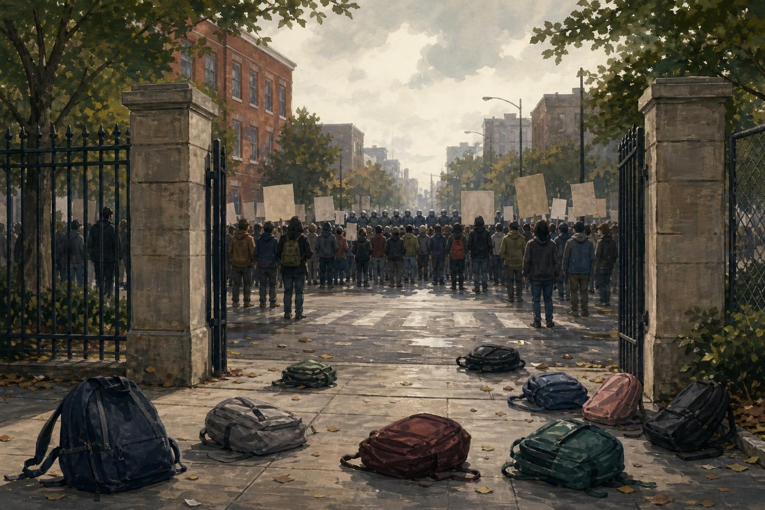 An illustrated school protest scene with blank signs, backpacks, and distant police helmets outside a school gate.
