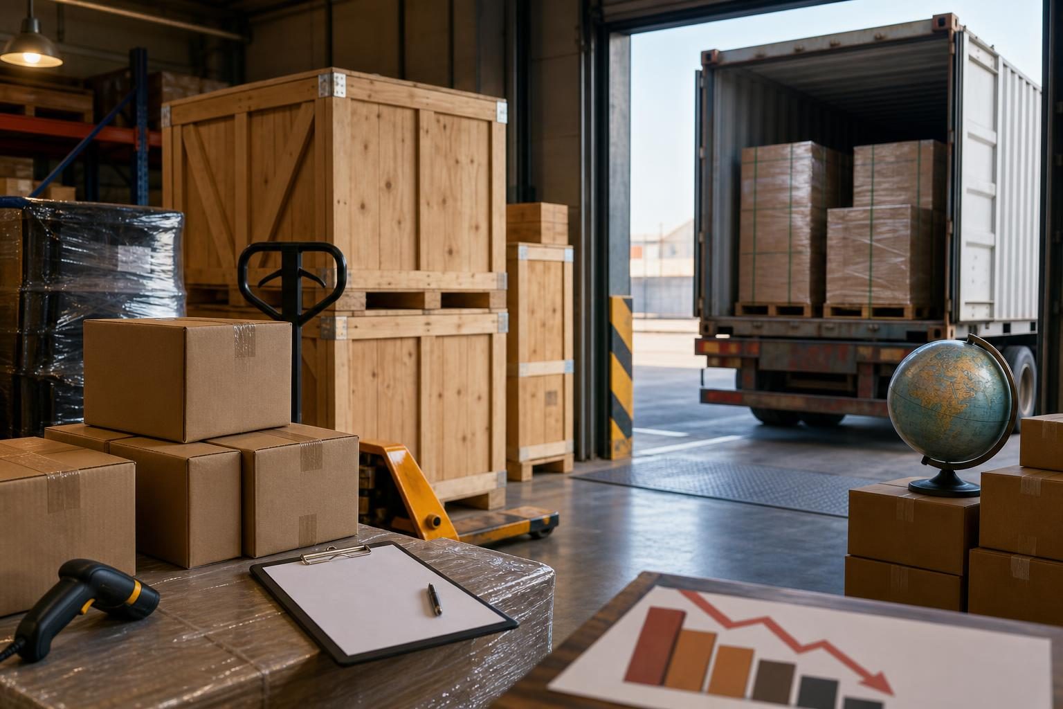 An illustration of crates and boxed goods being checked in a warehouse receiving area.