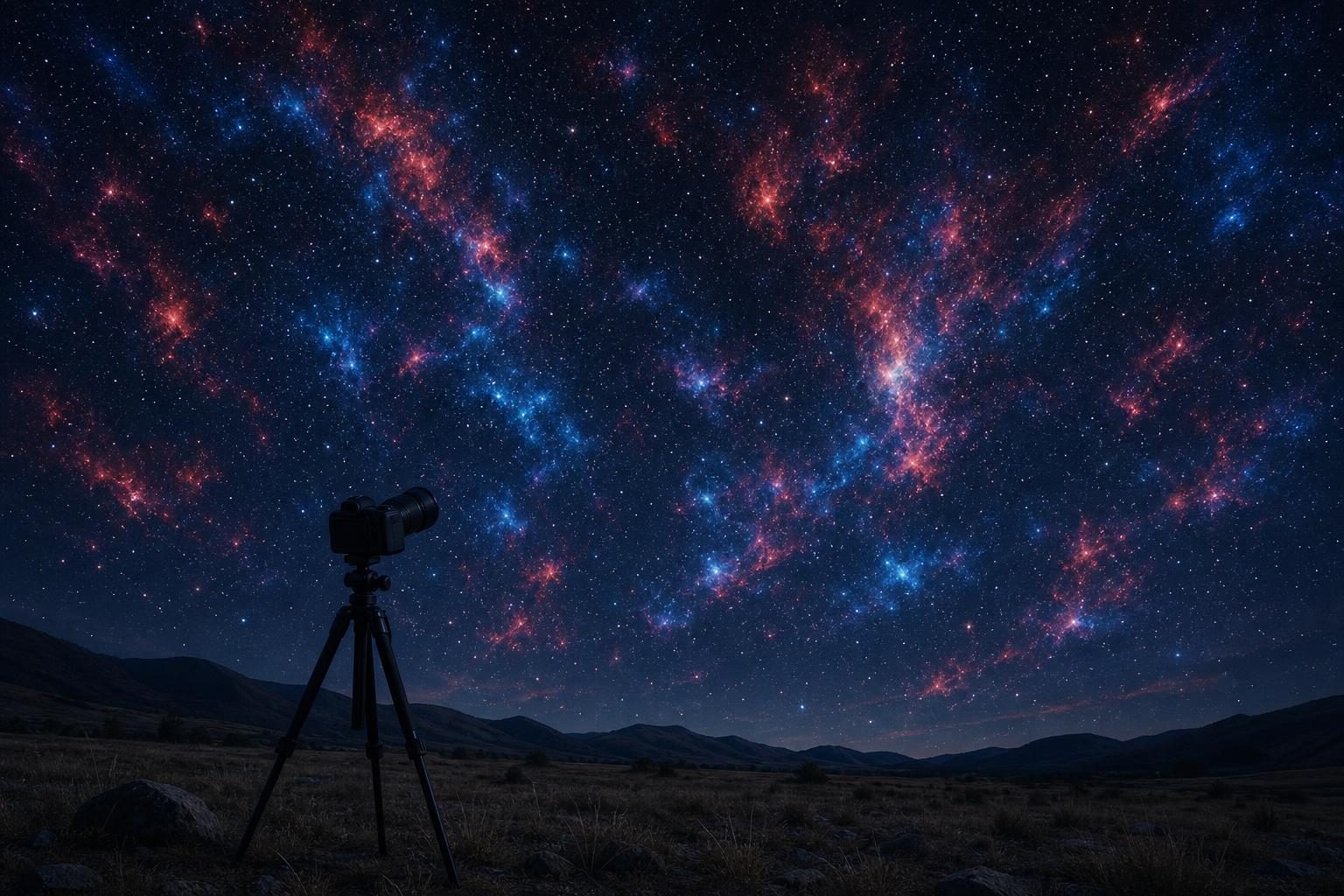 Una cámara bajo un cielo oscuro fotografía muchas nubes espaciales brillantes y coloridas.