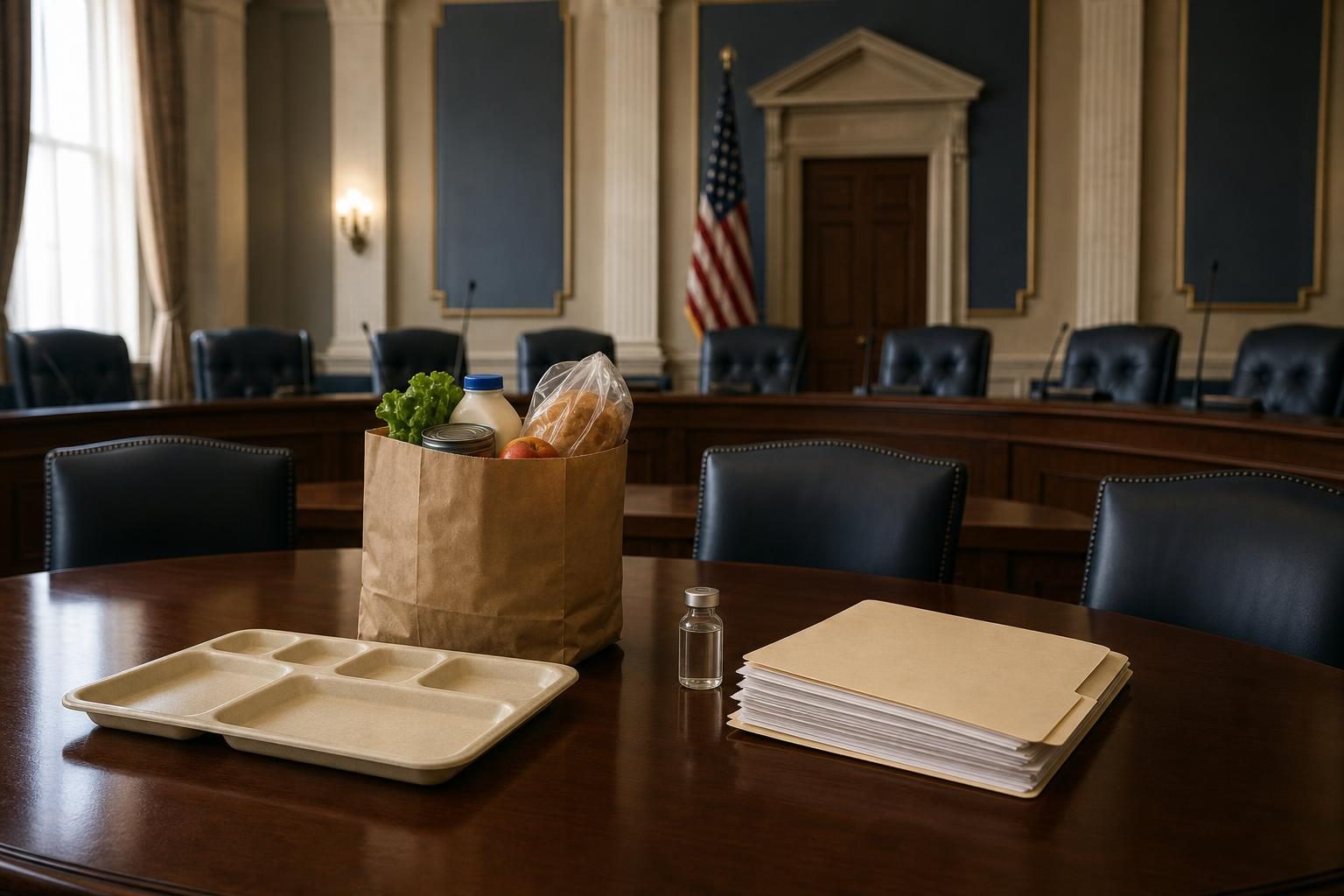Una mesa vacía de políticas contiene alimentos, medicinas y documentos que representan un debate sobre la regulación de la salud.