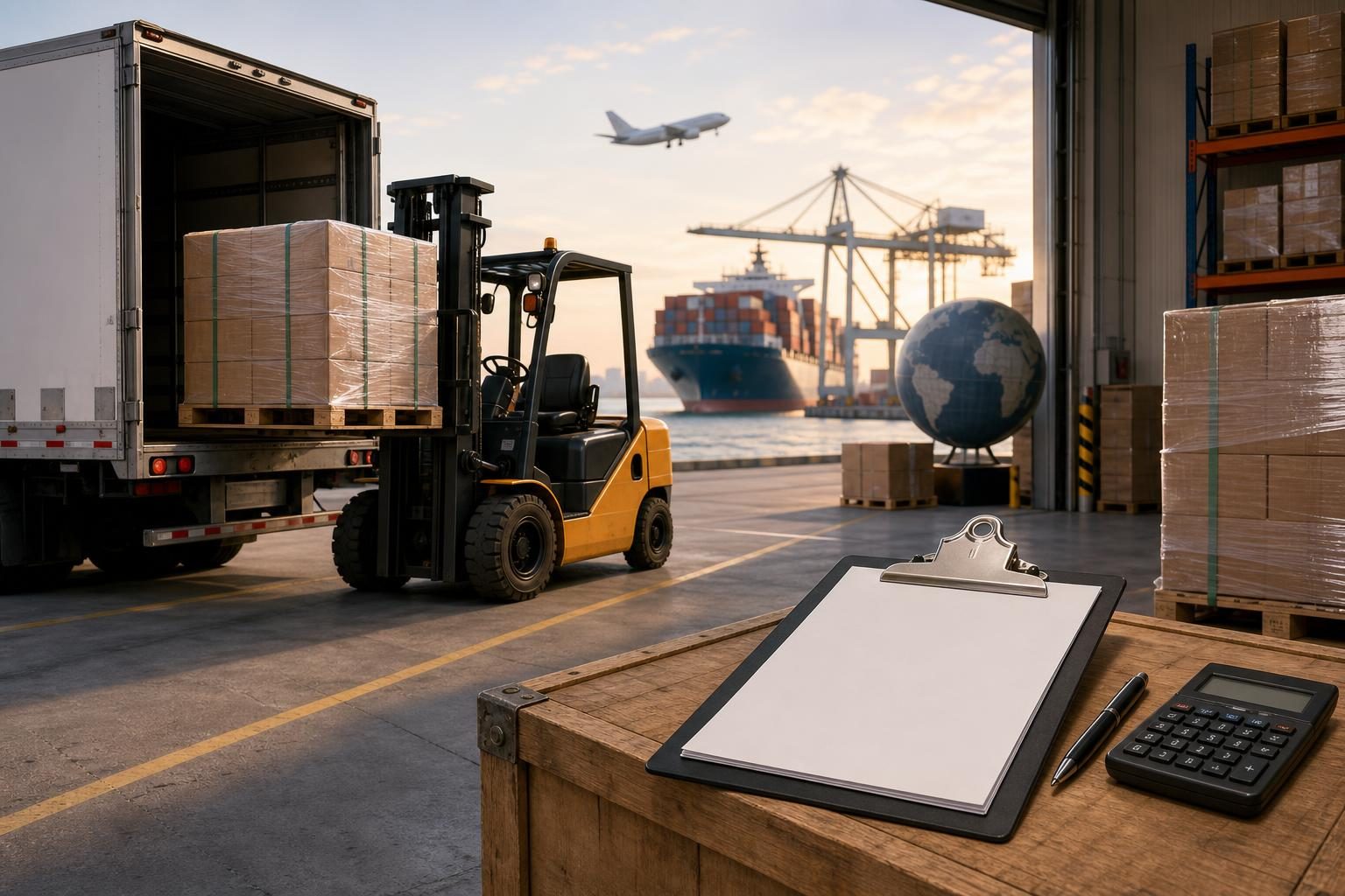 A forklift moves pallets at a warehouse loading dock beside blank paperwork, representing imported goods and tariff-related supply chain work.