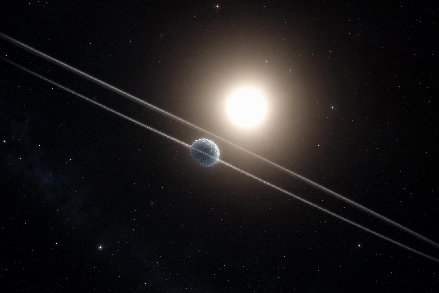 Una ilustración muestra un pequeño objeto con anillos que pasa frente a una estrella distante en el espacio profundo.