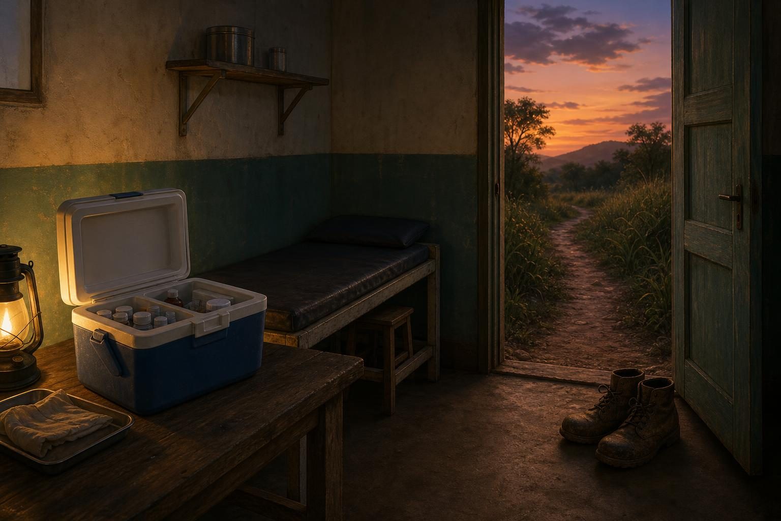 Una escena de una clínica rural muestra suministros médicos, botas de trabajo y un sendero oscuro entre la hierba que representa el riesgo de mordeduras de serpiente y el acceso al tratamiento.