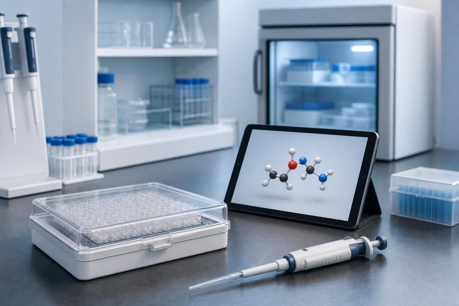 A clean biotech lab bench with sample trays, a pipette, and medical research equipment representing drug development work.