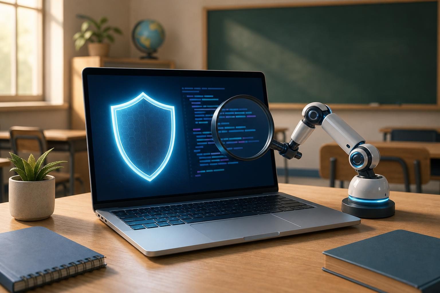 Una laptop con un símbolo de escudo y un brazo robótico que usa una lupa representa a la IA revisando sistemas informáticos en busca de puntos débiles.