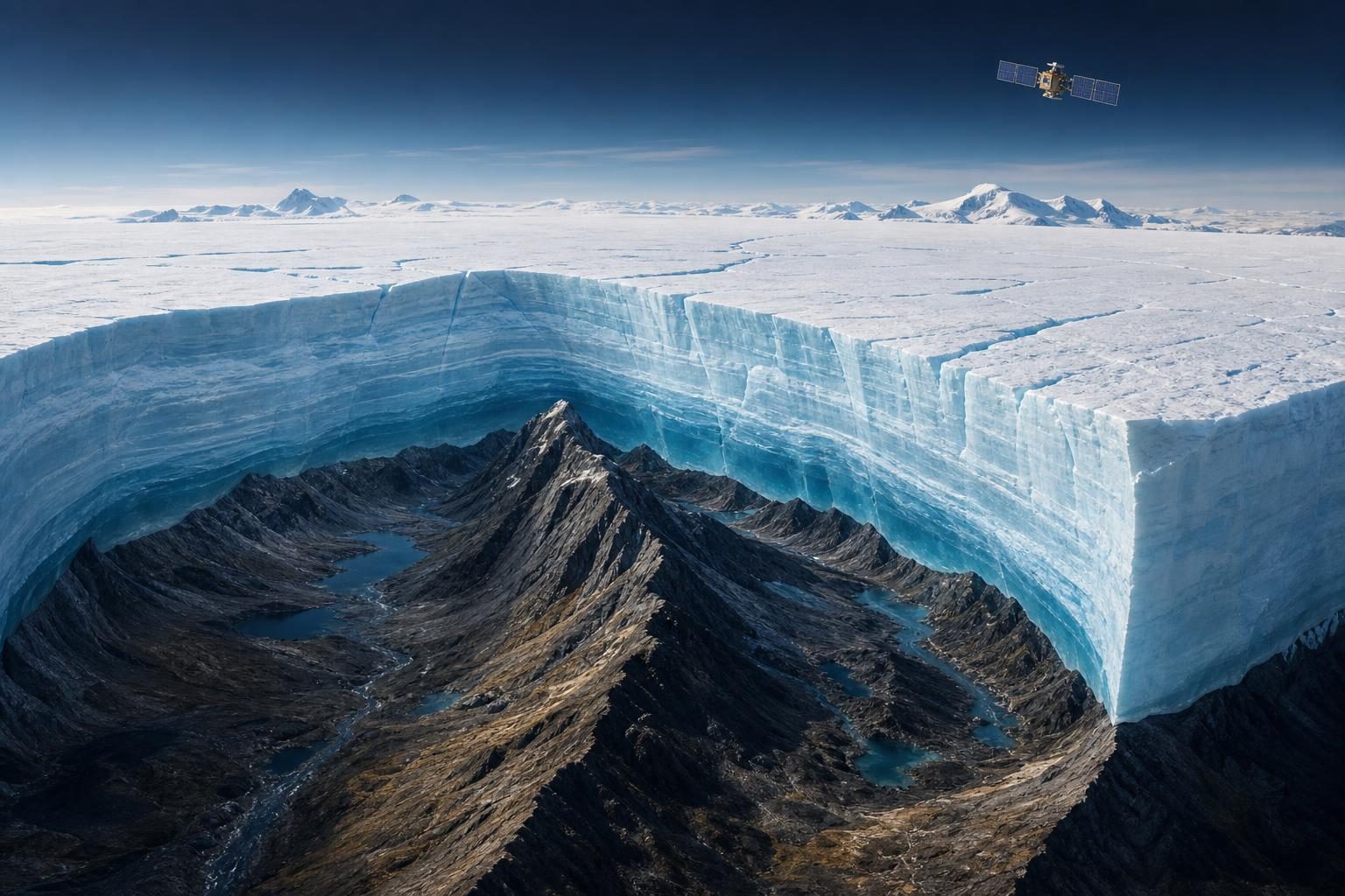 A cutaway illustration shows Greenland’s ice sheet with hidden rocky valleys and mountains underneath.