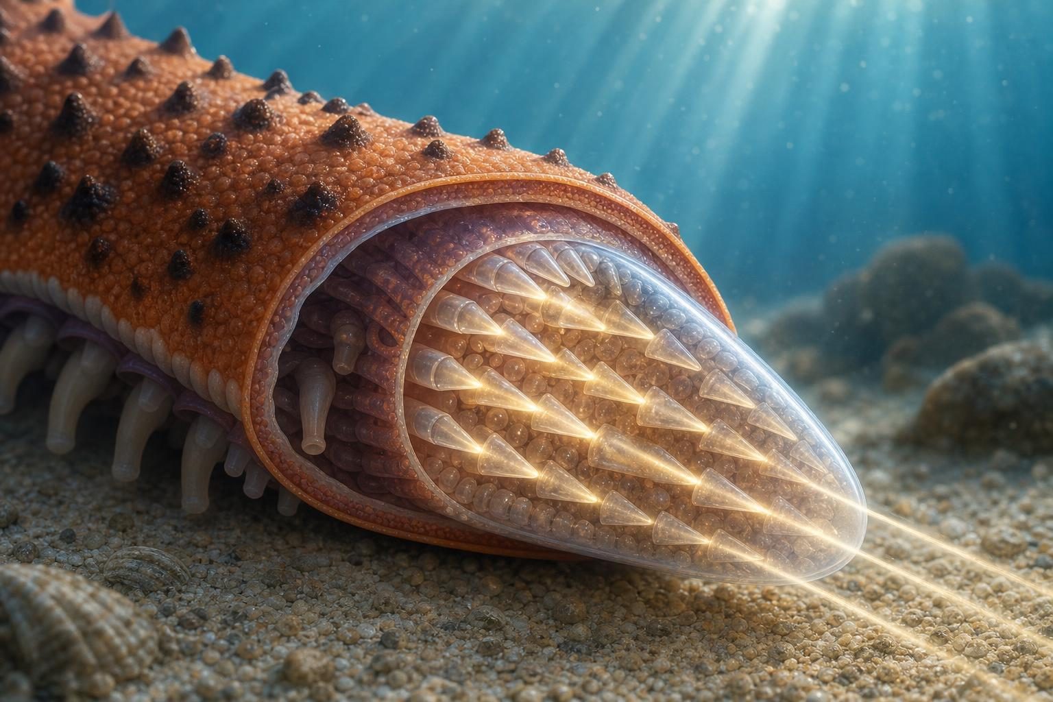 A chocolate-chip sea star arm tip is shown underwater with a cutaway of cone-shaped structures guiding light inside.