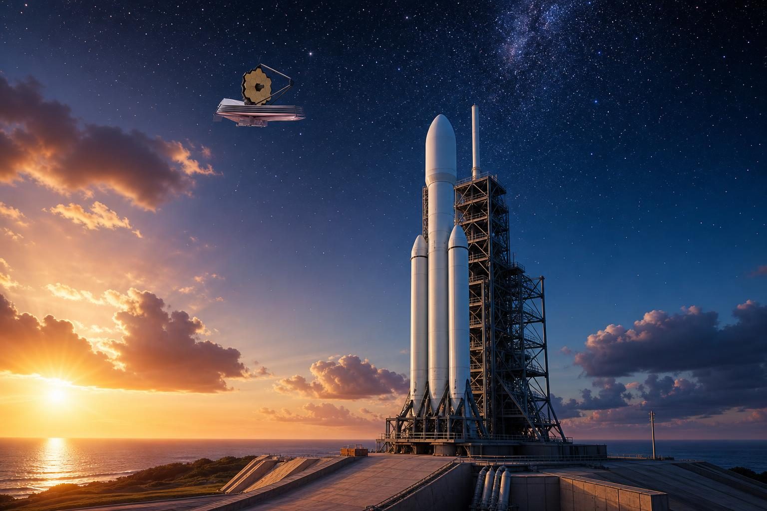 Un cohete está listo al amanecer mientras un telescopio espacial aparece sobre él en el cielo.