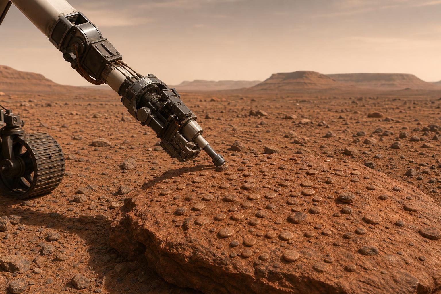 Un rover estudia una roca roja y llena de bultos en la superficie de Marte, con buttes lejanos detrás.
